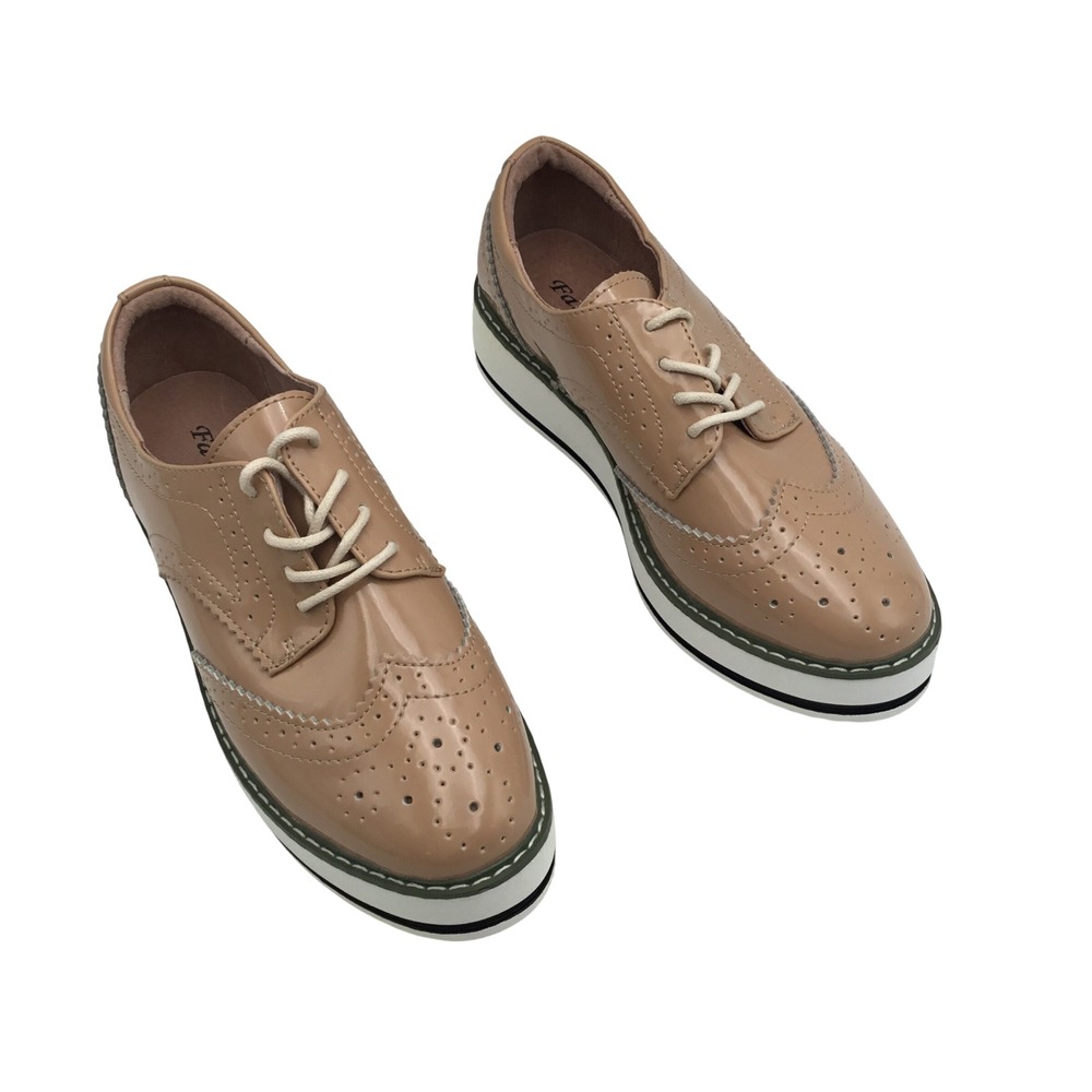 Tan Patent Leather Wingtip Platform Oxfords Brogue Lace Up Shoes Beige‎ EU 38